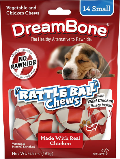 Rattleball Small Chews 14 Count, Rawhide-Free Chews for Dogs, with Real Chicken Treats Inside