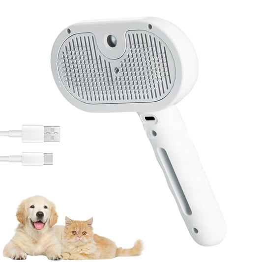 USB-C Rechargeable Pet Steam Grooming Brush for Dogs and Cats – Portable Mist Deshedding and Dematting Tool for All Coat Types – Indoor Cat Grooming Brush – White