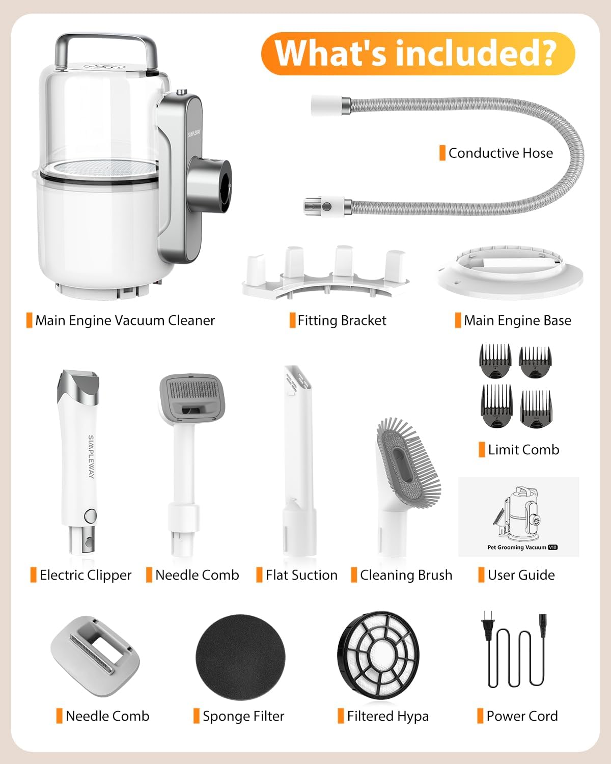 Professional Dog Vacuum Grooming Kit for Shedding: High-Performance Hair Clippers and Deshedding Tool with Strong Suction and Fur Brush Attachment for Cats and Dogs (Pale White)