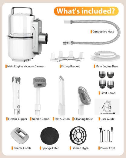 Professional Dog Vacuum Grooming Kit for Shedding: High-Performance Hair Clippers and Deshedding Tool with Strong Suction and Fur Brush Attachment for Cats and Dogs (Pale White)