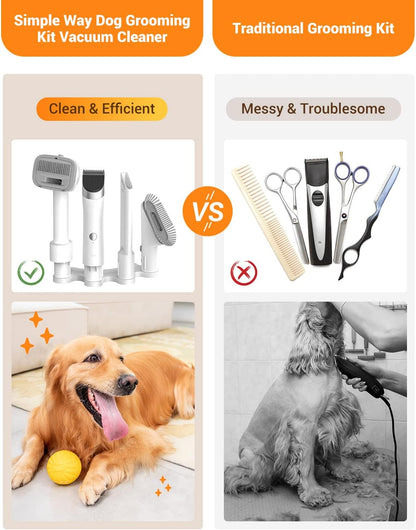 Professional Dog Vacuum Grooming Kit for Shedding: High-Performance Hair Clippers and Deshedding Tool with Strong Suction and Fur Brush Attachment for Cats and Dogs (Pale White)