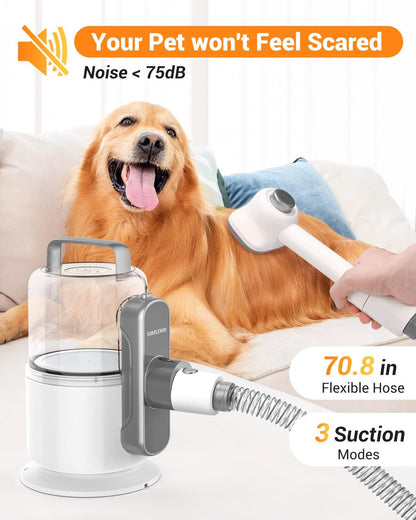 Professional Dog Vacuum Grooming Kit for Shedding: High-Performance Hair Clippers and Deshedding Tool with Strong Suction and Fur Brush Attachment for Cats and Dogs (Pale White)