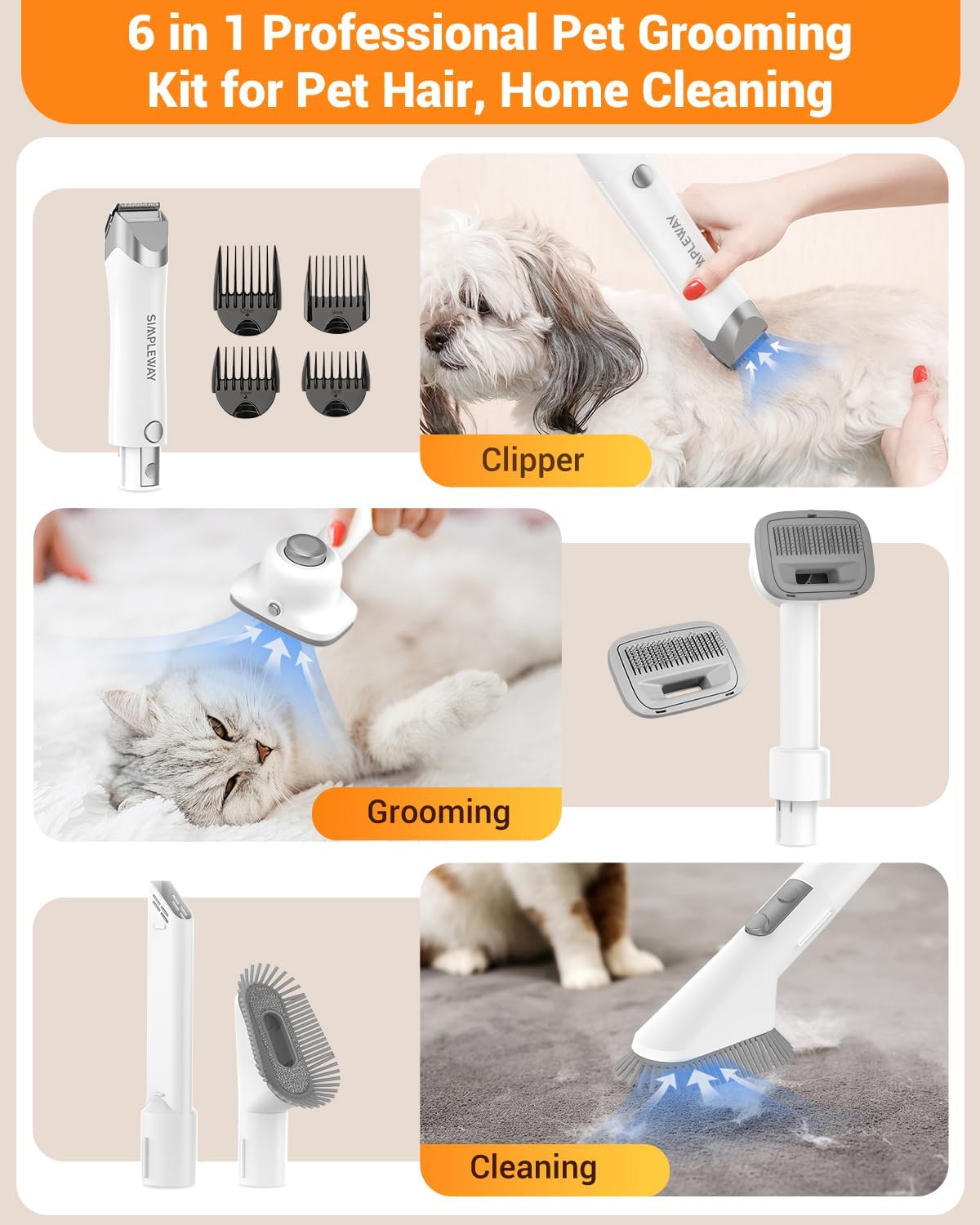 Professional Dog Vacuum Grooming Kit for Shedding: High-Performance Hair Clippers and Deshedding Tool with Strong Suction and Fur Brush Attachment for Cats and Dogs (Pale White)
