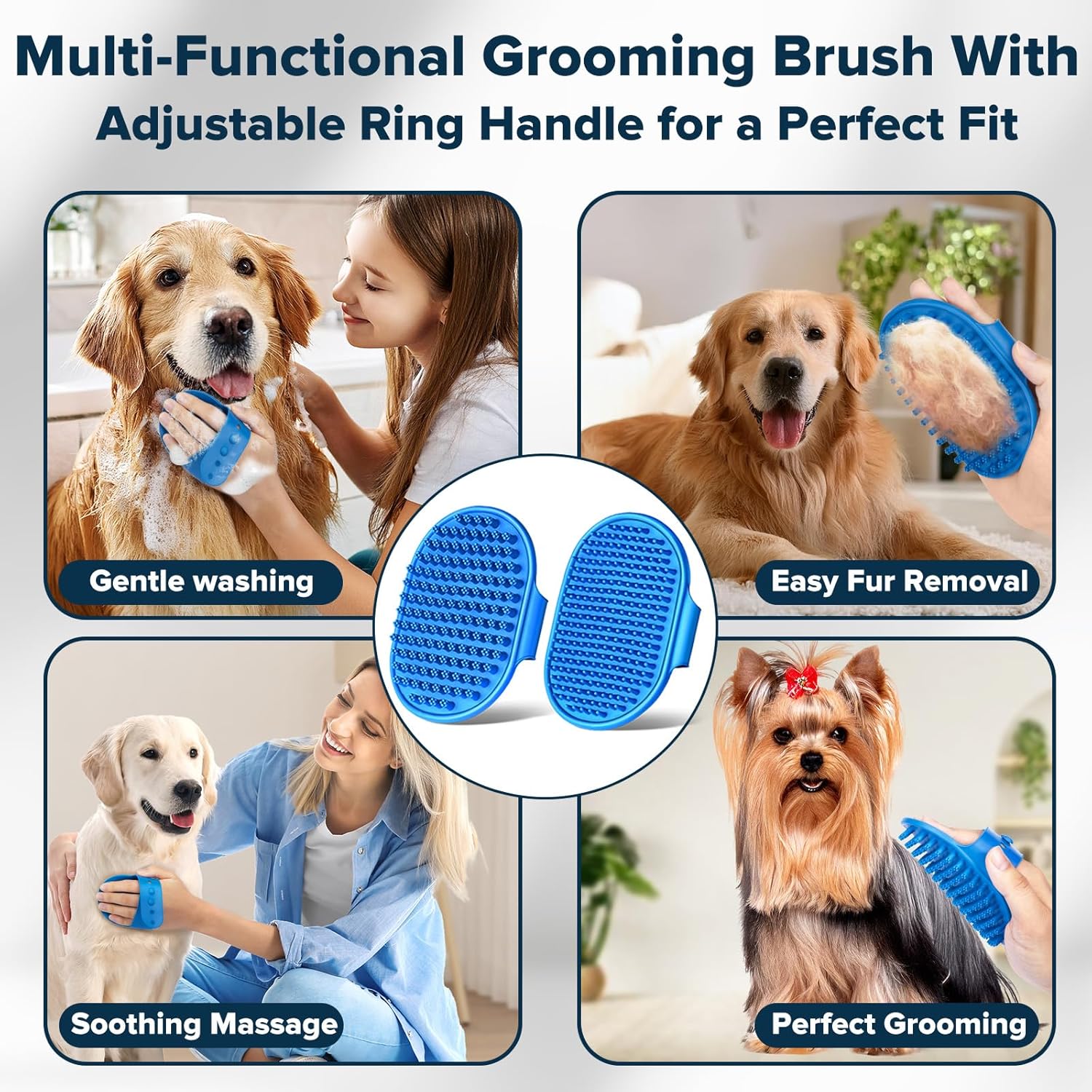Professional 6-Piece Pet Grooming Kit for Dogs, Cats, and Horses | Includes Dog Washing Gloves, Bath Brush, Shampoo Brush, and Grooming Gloves in Navy Blue