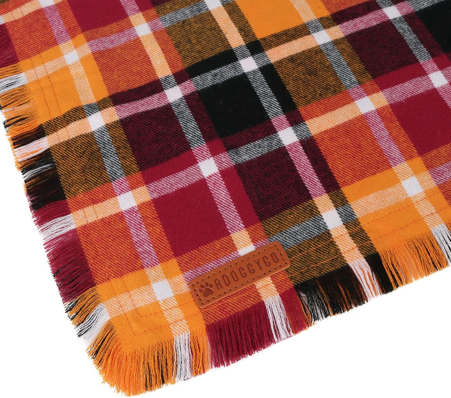 Stylish Orange Plaid Dog Bandana with Tassel Edges, Available in Multiple Sizes for Medium to Large Dogs, Perfect for Thanksgiving and Halloween