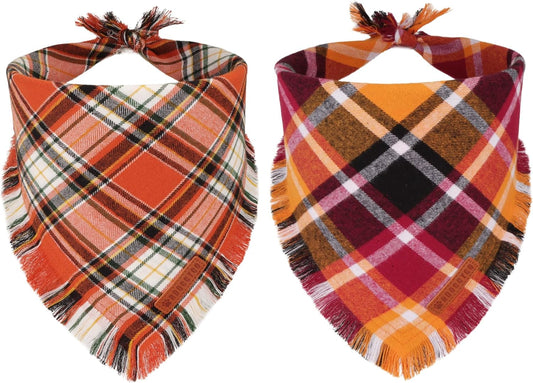 Stylish Orange Plaid Dog Bandana with Tassel Edges, Available in Multiple Sizes for Medium to Large Dogs, Perfect for Thanksgiving and Halloween