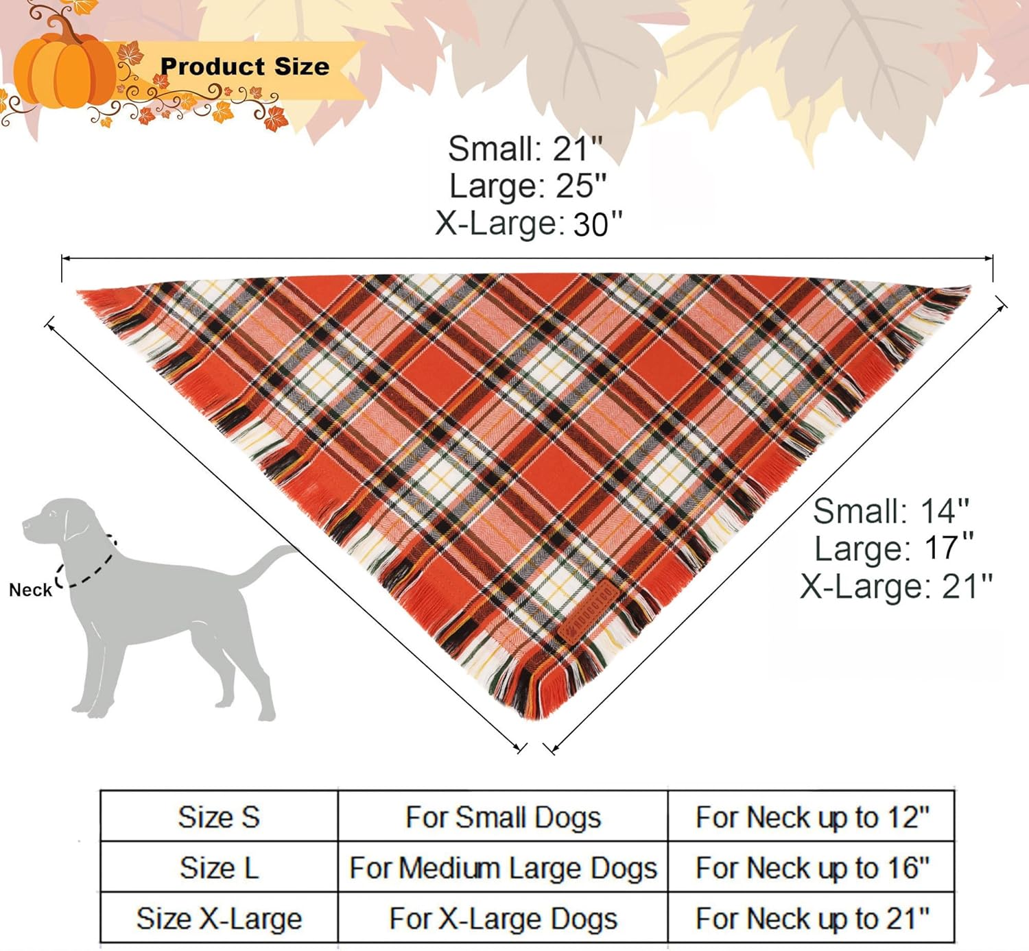 Stylish Orange Plaid Dog Bandana with Tassel Edges, Available in Multiple Sizes for Medium to Large Dogs, Perfect for Thanksgiving and Halloween