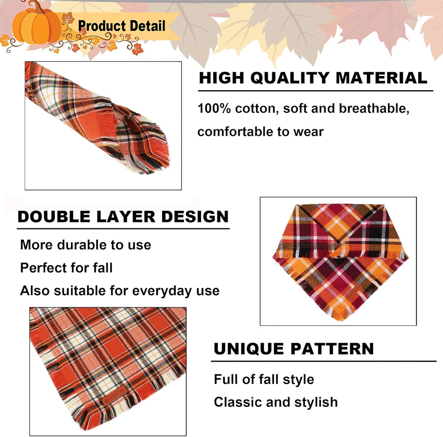 Stylish Orange Plaid Dog Bandana with Tassel Edges, Available in Multiple Sizes for Medium to Large Dogs, Perfect for Thanksgiving and Halloween