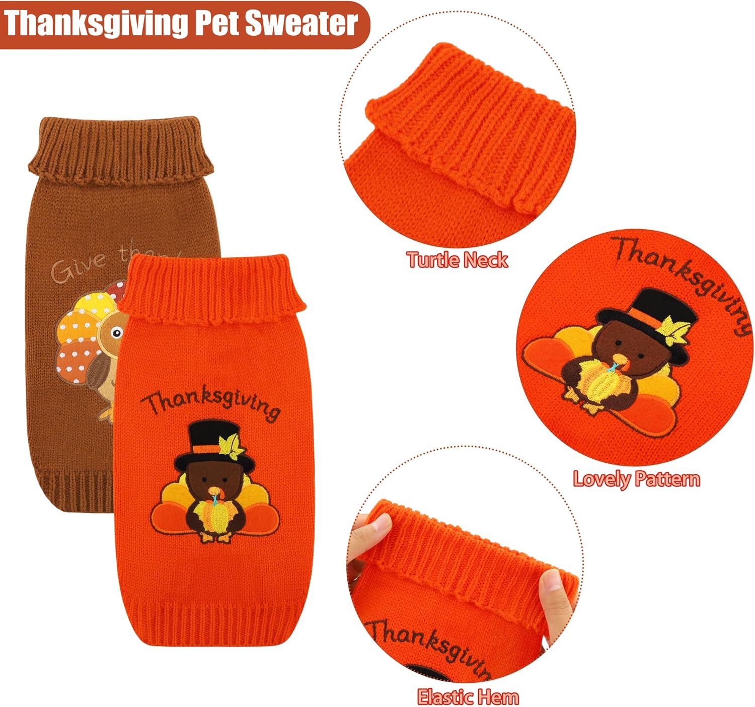 Set of 2 Thanksgiving Dog Sweaters - Warm Knitwear for Pets, Ideal for Holiday Celebrations, Available in Orange and Brown