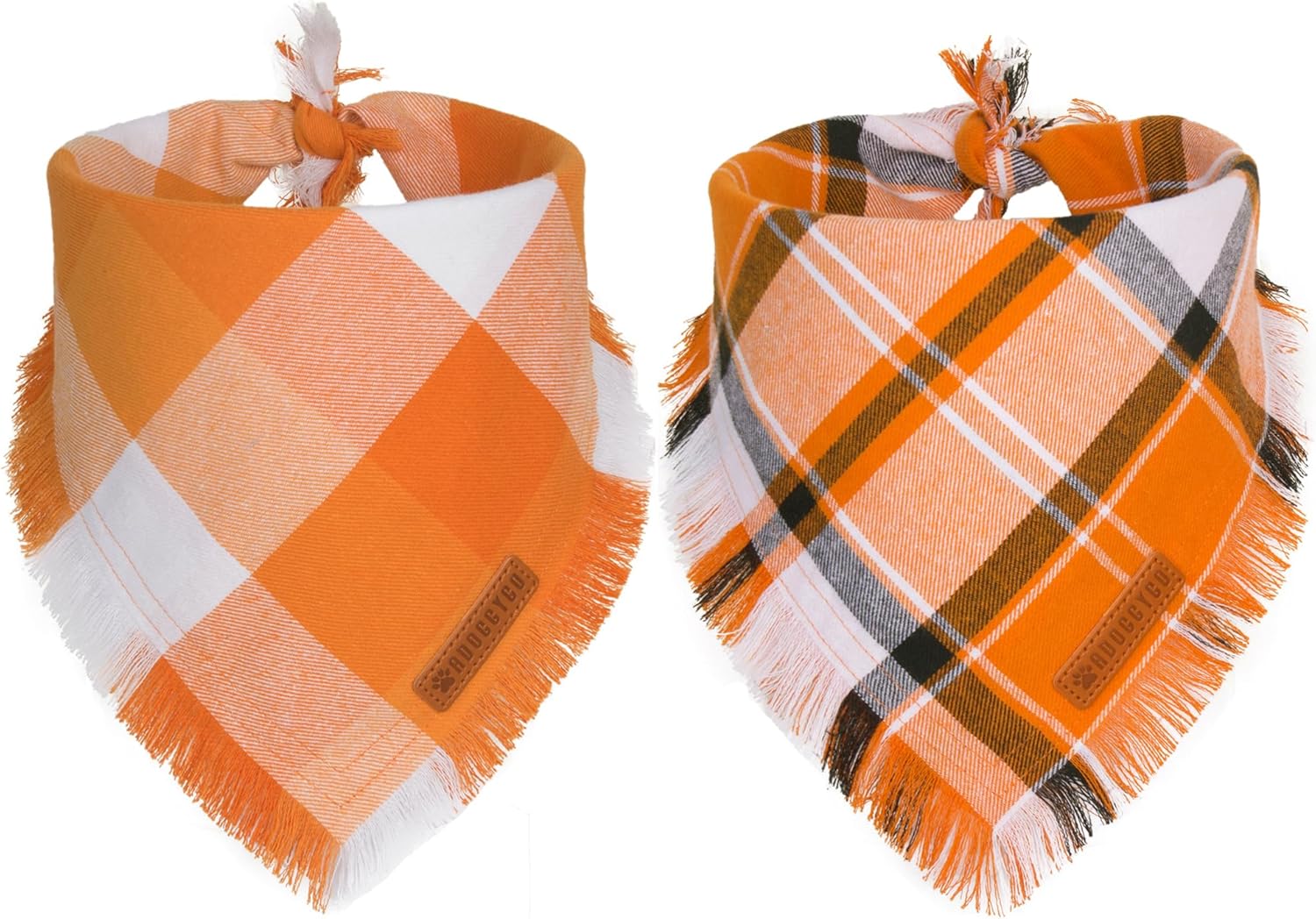 Stylish Orange Plaid Dog Bandana with Tassel Edges, Available in Multiple Sizes for Medium to Large Dogs, Perfect for Thanksgiving and Halloween
