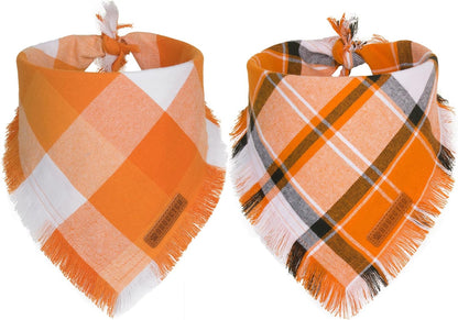 Stylish Orange Plaid Dog Bandana with Tassel Edges, Available in Multiple Sizes for Medium to Large Dogs, Perfect for Thanksgiving and Halloween
