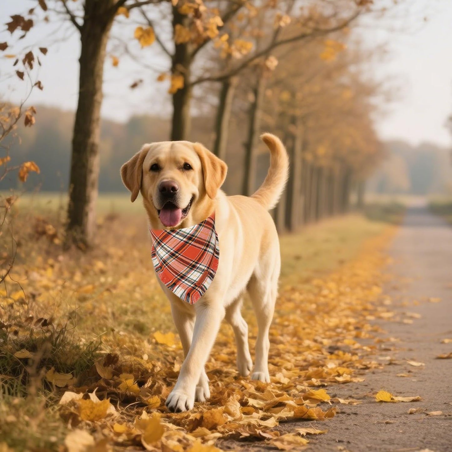 Stylish Orange Plaid Dog Bandana with Tassel Edges, Available in Multiple Sizes for Medium to Large Dogs, Perfect for Thanksgiving and Halloween