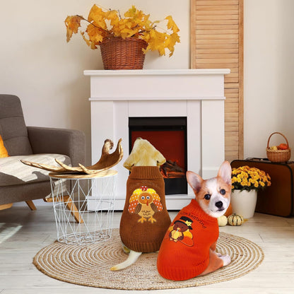 Set of 2 Thanksgiving Dog Sweaters - Warm Knitwear for Pets, Ideal for Holiday Celebrations, Available in Orange and Brown