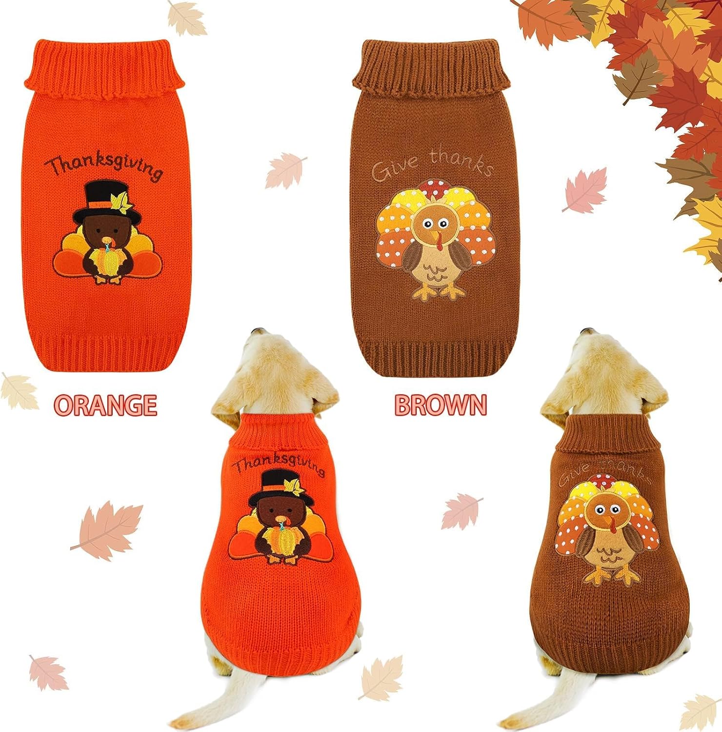 Set of 2 Thanksgiving Dog Sweaters - Warm Knitwear for Pets, Ideal for Holiday Celebrations, Available in Orange and Brown