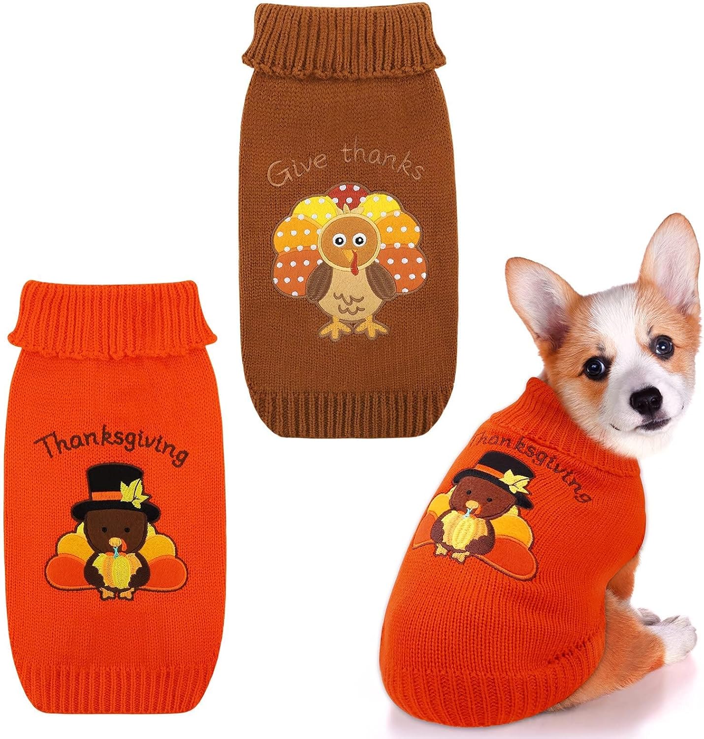 Set of 2 Thanksgiving Dog Sweaters - Warm Knitwear for Pets, Ideal for Holiday Celebrations, Available in Orange and Brown