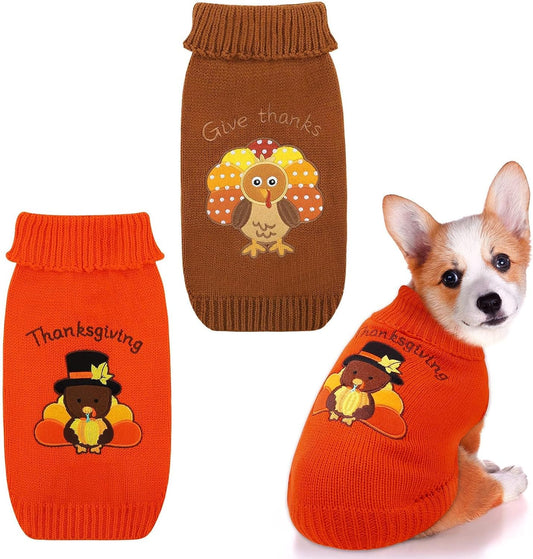 Set of 2 Thanksgiving Dog Sweaters - Warm Knitwear for Pets, Ideal for Holiday Celebrations, Available in Orange and Brown
